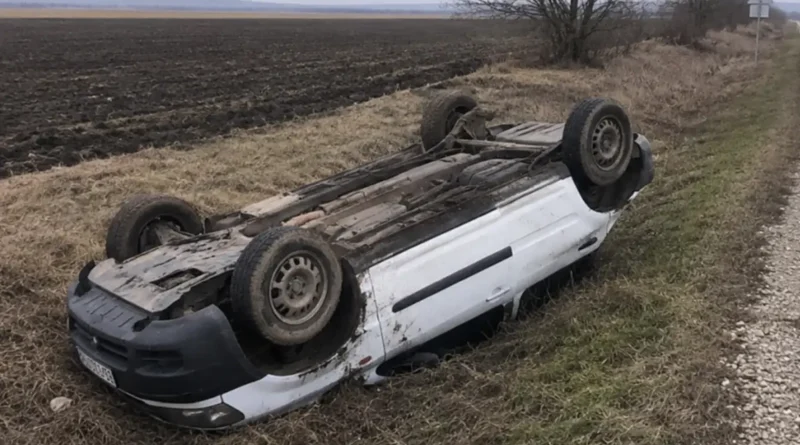 Преобърнат автомобил в нива край пътя